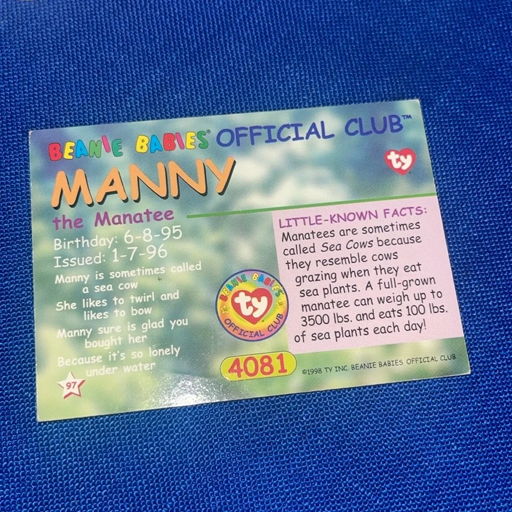 TY Beanie Babies BBOC Card - Series 1 Common - MANNY the Manatee - NM/Mint